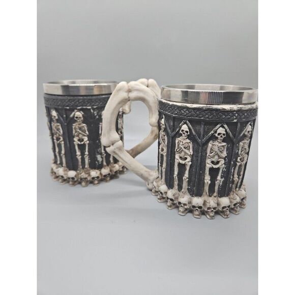 Unbranded Other - Set Of (2) Skeletons & Skulls 3-D Tankard Stainless Steel Goth Drinking Mug/ Cup